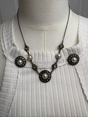 Vintage-Inspired Pearl & Marcasite Necklace Set - Antique Brass  -Tone